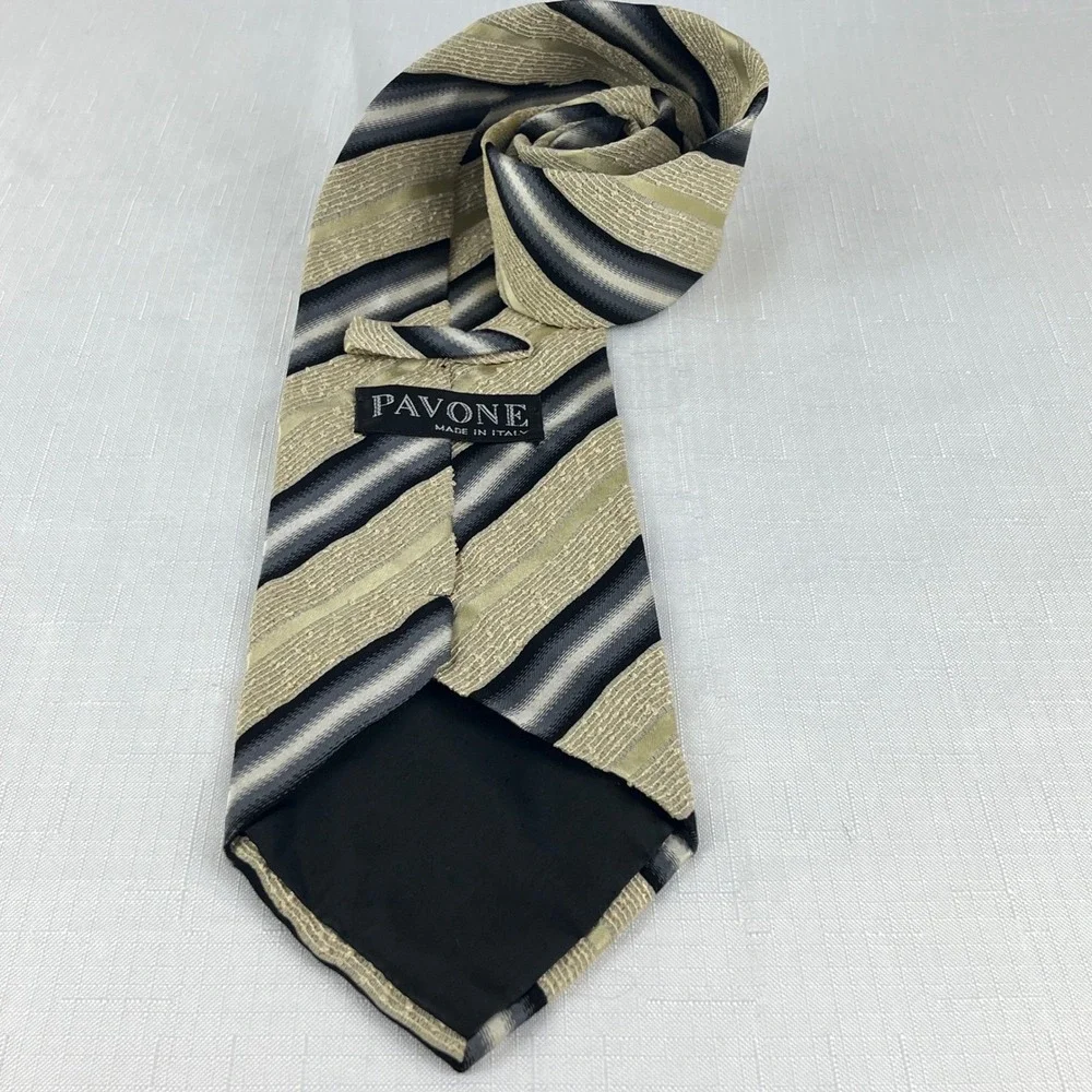Pavone Tie Men One Size Black Grey Tan Striped Textured Handmade in Italy
